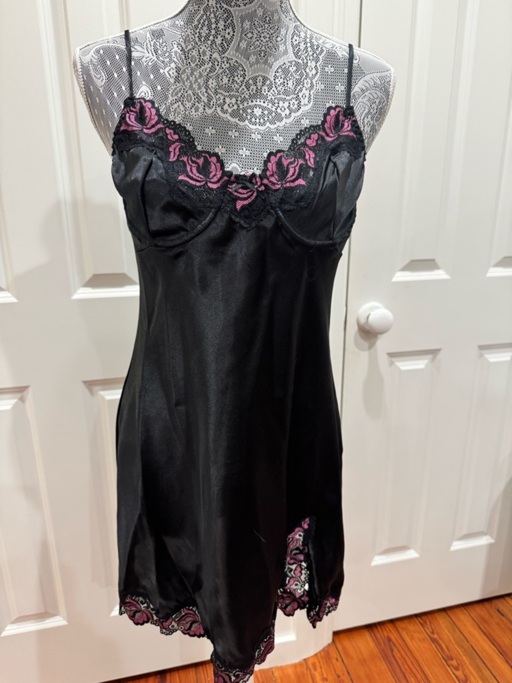 Black Satin Slip Dress with Pink Lace and Adjustable Straps Sz. M Coquette Fairy
